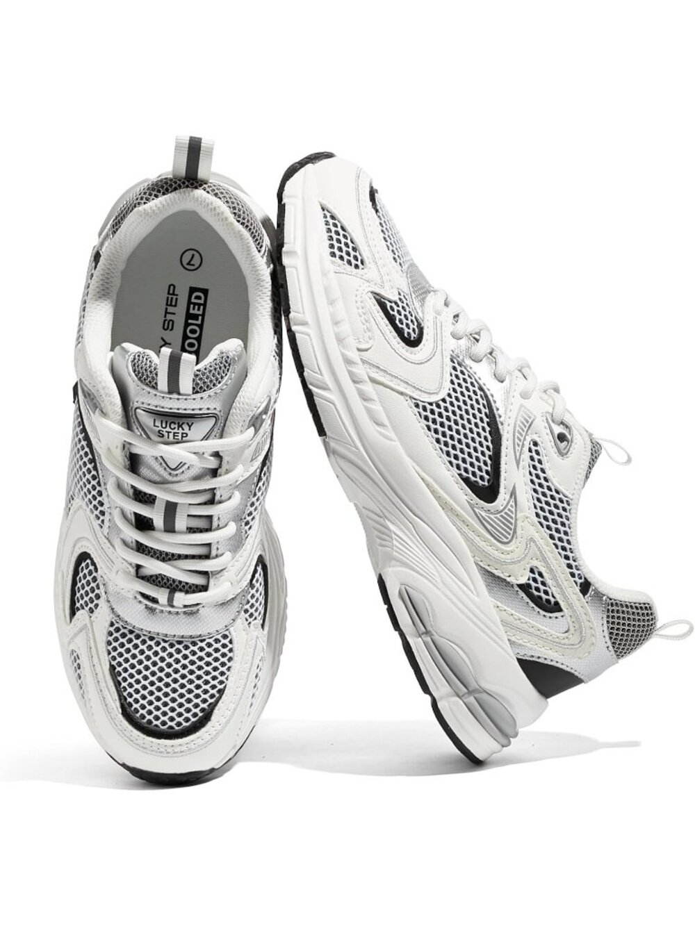Women's White Silver Chunky Mesh Sneakers Casual Athletic Tennis Walking Shoes